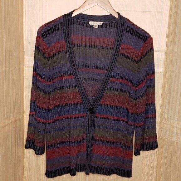 Coldwater Creek Womens Grey Blue Striped Bell Sleeve Cardigan Sweater Large - Picture 1 of 7